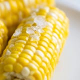 Grilled corn on the cob with charred kernels, brushed with butter and served with salt for a summer barbecue.