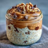 A close-up of protein cookie dough overnight oats, layered with chocolate chips.