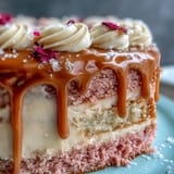 Delicate pink rosé velvet cake, perfectly frosted with an elegant gold drip for celebration.