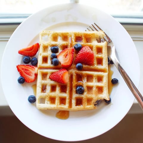 Freshly made golden Waffles with a crisp exterior and tender interior, stacked high and drizzled with warm maple syrup.