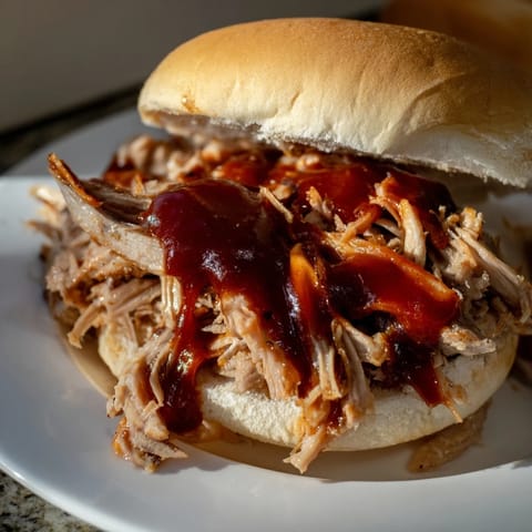 Slow-cooked pulled pork sandwich with smoky barbecue sauce, shredded meat, and crisp slaw on a toasted bun.