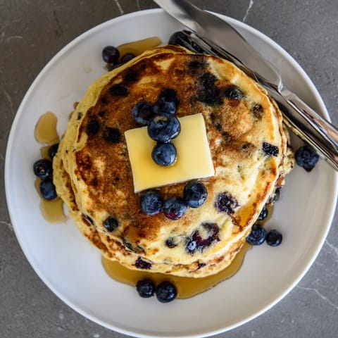 Golden-brown Blueberry Pancakes sizzling on a griddle, ready to be drizzled with warm maple syrup for a sweet breakfast.
