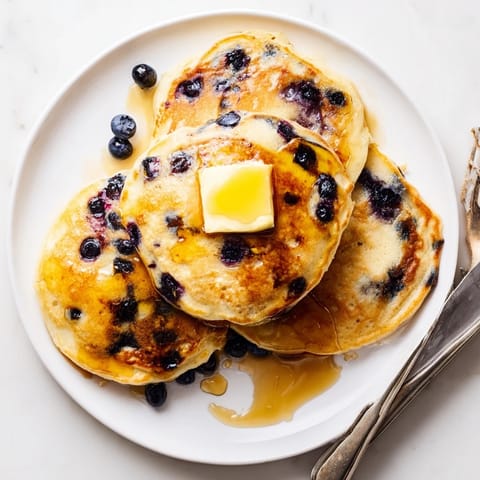 Stack of fluffy Blueberry Pancakes with fresh blueberries, topped with melting butter and a side of rich maple syrup.