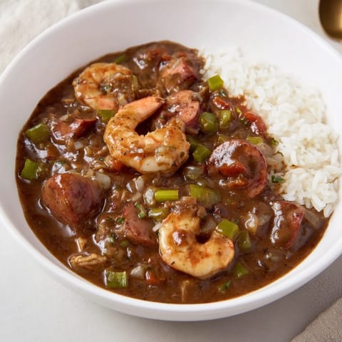 A hearty pot of Louisiana Gumbo simmers with the holy trinity, rich brown roux, and savory meats.