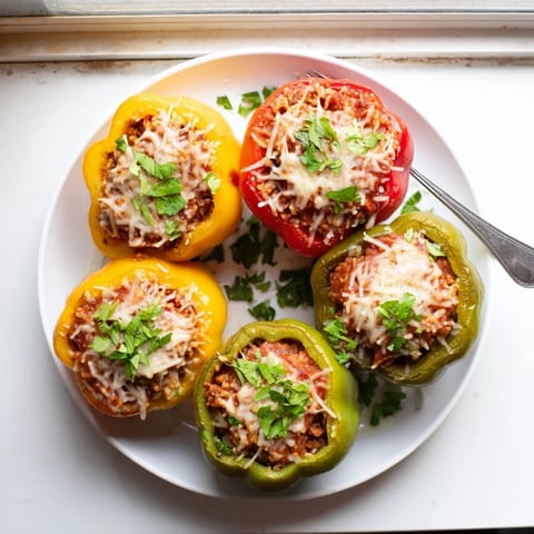 Golden-baked Stuffed Bell Peppers with melty cheese topping, filled with savory ground beef, rice, and herbs in rich tomato sauce.