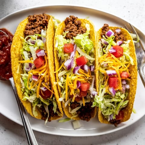 Crispy American-Style Tacos filled with seasoned ground beef, shredded lettuce, cheddar, and fresh salsa, perfect for a family dinner.