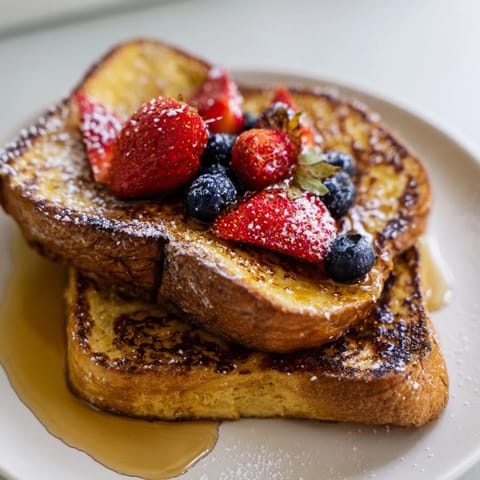 Golden-brown French toast slices dripping with maple syrup on a white plate.