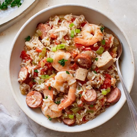 Steaming bowl of homemade Jambalaya with chicken, andouille sausage, and pink shrimp on a rustic table.