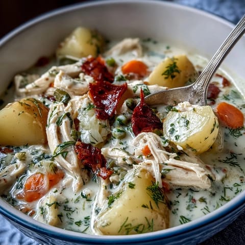 Creamy slow cooker chicken pot pie soup with tender chicken, potatoes, and vegetables in a rich, comforting broth.
