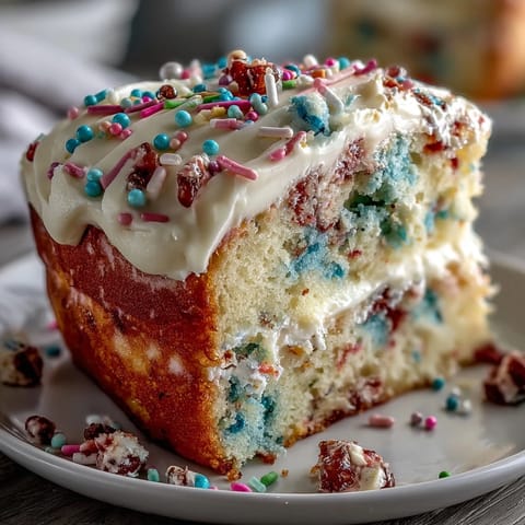 Delightful vanilla cake speckled with rainbow sprinkles, topped with swirls of soft pastel buttercream.  