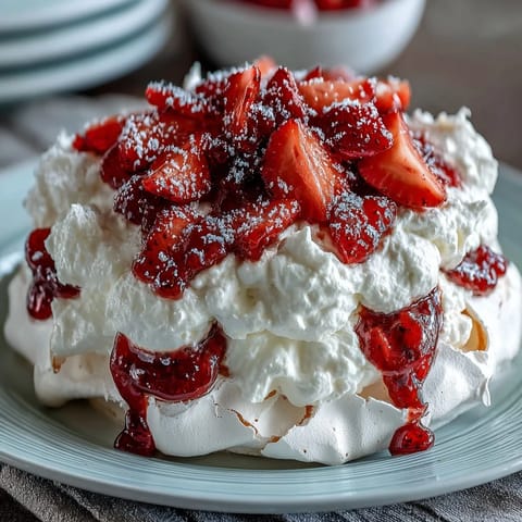 Delicate mini pavlovas with strawberries and cream, crisp meringue shells topped with fluffy whipped cream and juicy berries.
