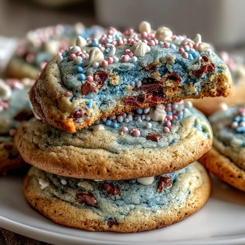 Whimsical, soft sugar cookies with marbled pastel colors, topped with cheerful sprinkles for a playful look.  