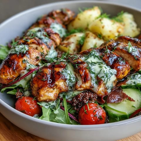 Fresh, zesty lemon vinaigrette drizzled over grilled chicken, quinoa, and crisp vegetables for a nourishing, protein-packed meal.