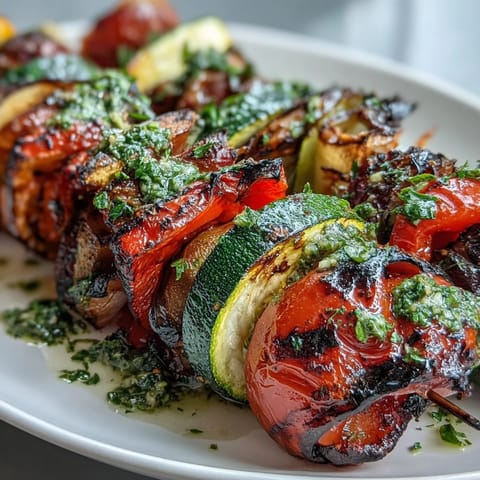 Colorful summer grilled veggie skewers with chimichurri sauce, perfect for a healthy BBQ side dish.  