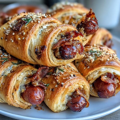 Warm, golden mini pigs in a blanket wrapped in flaky pastry, served with a tangy honey mustard dipping sauce for irresistible snacking.