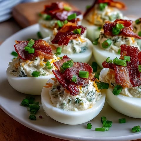Creamy jalapeño popper deviled eggs topped with crispy bacon and fresh jalapeño slices.  