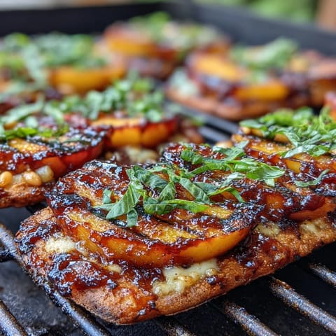 Grilled flatbread topped with BBQ sauce, sweet peaches, and melted Brie cheese, garnished with fresh basil and arugula.