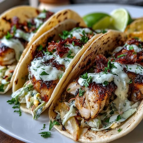 Grilled coconut lime fish tacos with zesty slaw and creamy coconut crema, served on warm tortillas for a fresh summer meal.