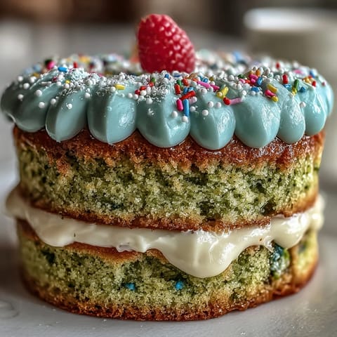 Tender smash cake style mini matcha birthday cake, decorated with creamy vanilla frosting.