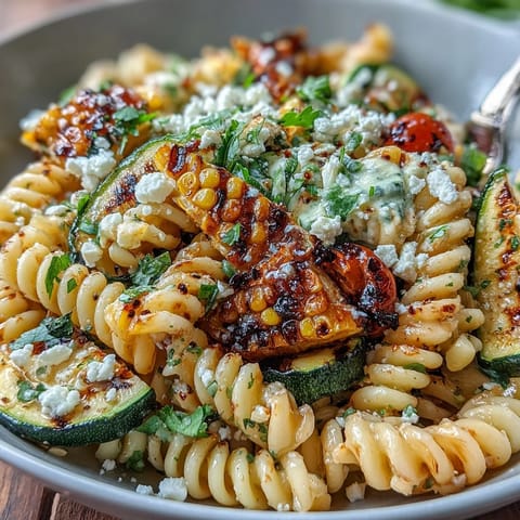 Vibrant pasta salad with grilled zucchini, corn, and crumbly Cotija cheese.