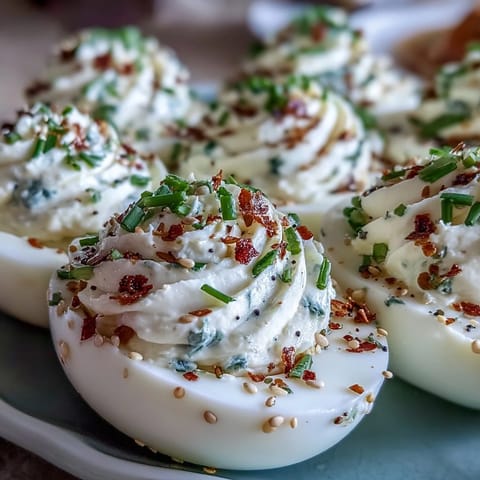 Savory everything bagel deviled eggs with creamy filling, ready for brunch.