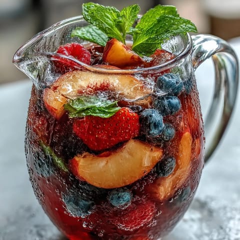 Vibrant summer sangria mocktail, ready to serve over ice with fresh fruit.