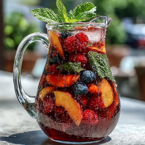 Refreshing summer sangria mocktail with bright berries and juicy peach slices.