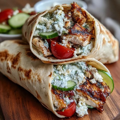 Juicy Tzatziki Chicken Wraps bursting with feta and cucumber, drizzled with creamy sauce.