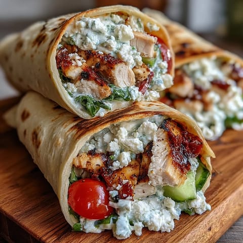 Colorful Tzatziki Chicken Wraps, grilled chicken, fresh veggies, and dill sauce in flatbreads.