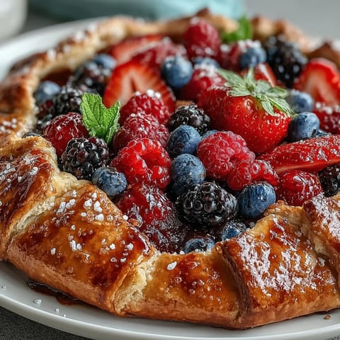 Rustic Summer Berry Galette with golden almond crust, bursting with juicy fruit.