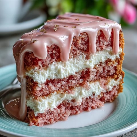 Bridal Shower Rosé Velvet Cake boasts delicate pink hues and a shimmering gold drip.
