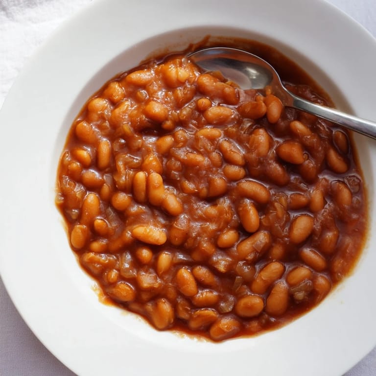 Fork-tender Classic Baked Beans glistening in sweet-savory sauce, ready to serve with burgers at a summer barbecue.