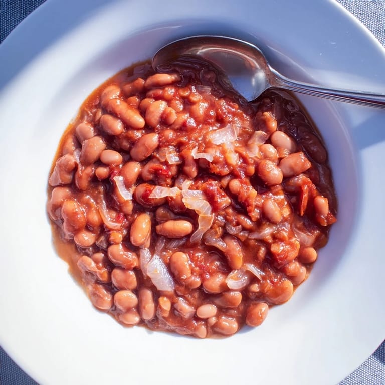 Close-up of Classic Baked Beans with a thick, glossy sauce next to crusty bread for dipping.
