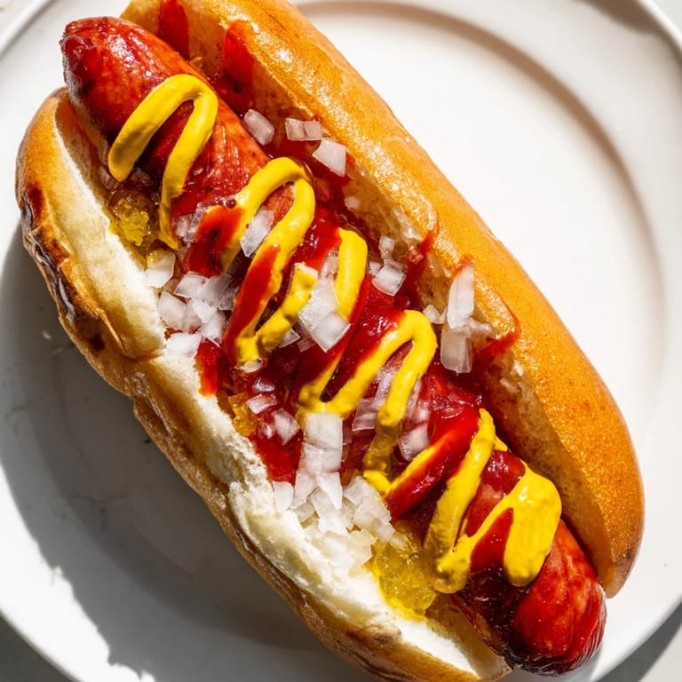 Four Hot Dogs in soft buns are garnished with relish and onions, served with potato chips at an outdoor barbecue.