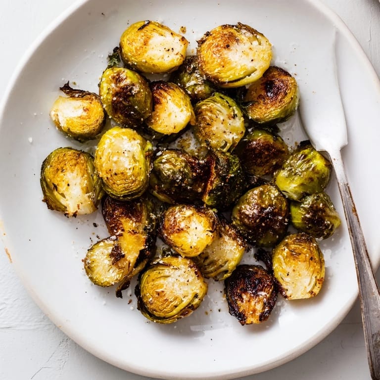 A serving dish of Roasted Brussels Sprouts, garnished with parmesan cheese, ready to be enjoyed as a side.