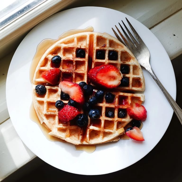 Close-up of a fluffy Waffle with a pat of melting butter and a generous pour of syrup, ready to eat.