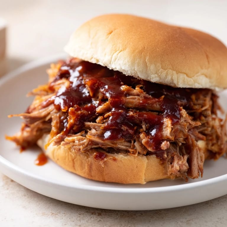 Classic American pulled pork sandwich served with extra barbecue sauce and pickles, perfect for a casual dinner.