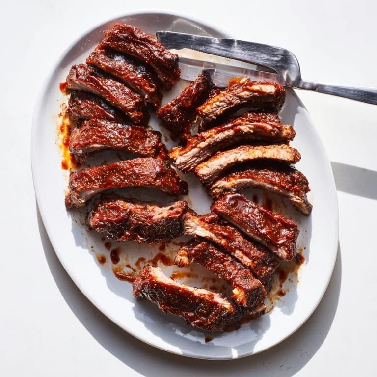 Oven-baked BBQ Ribs with a glistening honey barbecue glaze, sliced and ready to serve.