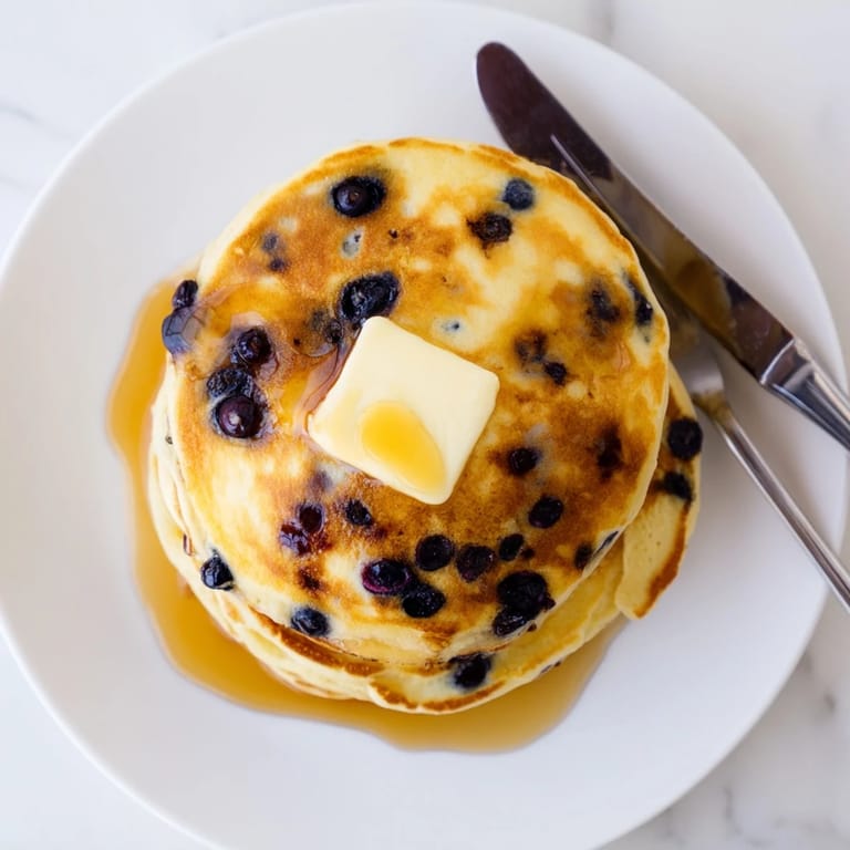 Homemade Blueberry Pancakes served on a plate, perfect for a classic American breakfast with a generous pour of syrup.