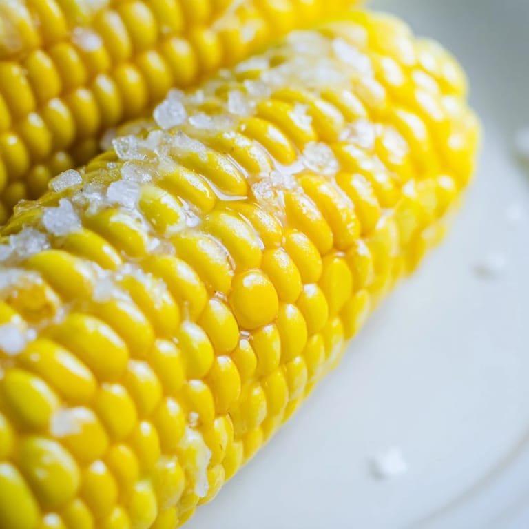 Sweet golden corn on the cob topped with creamy butter and sea salt, served warm as a classic American side dish.