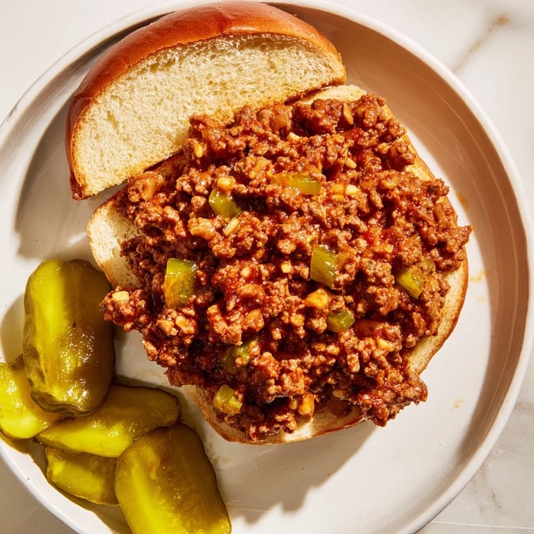 Meticulously plated Sloppy Joes with a side of coleslaw, showcasing the thick, tangy sauce and ground beef.