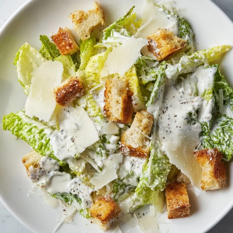 Golden croutons and shaved Parmesan garnish a vibrant bowl of homemade Caesar Salad, ready to serve at a family dinner.