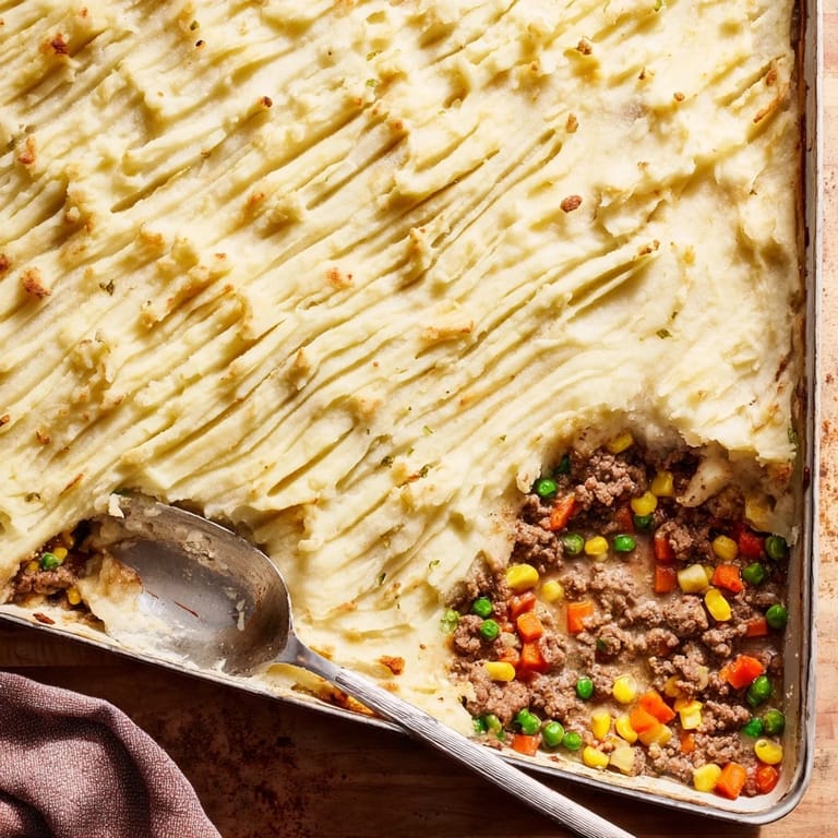 Comforting Shepherd's Pie with seasoned ground meat, peas, and carrots, baked until golden and served piping hot.