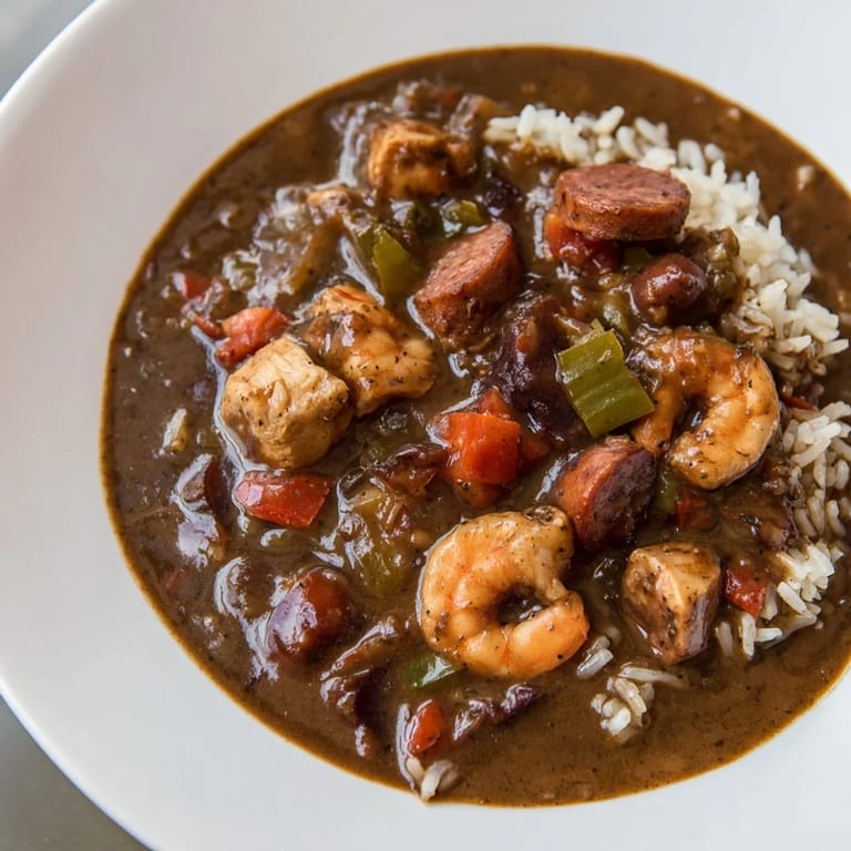 Close-up of Cajun Gumbo served over white rice, garnished with fresh scallions and parsley, ready to eat.