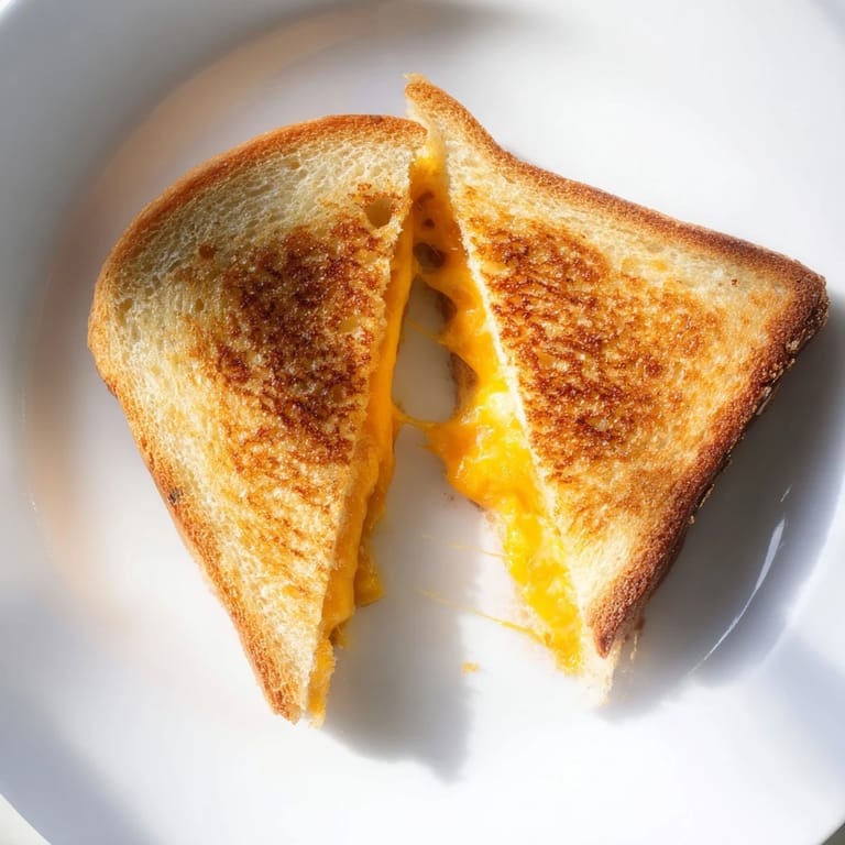 Two homemade grilled cheese sandwiches sliced open, showing rich melted cheddar, with a rustic wooden board and tomato soup in the background.