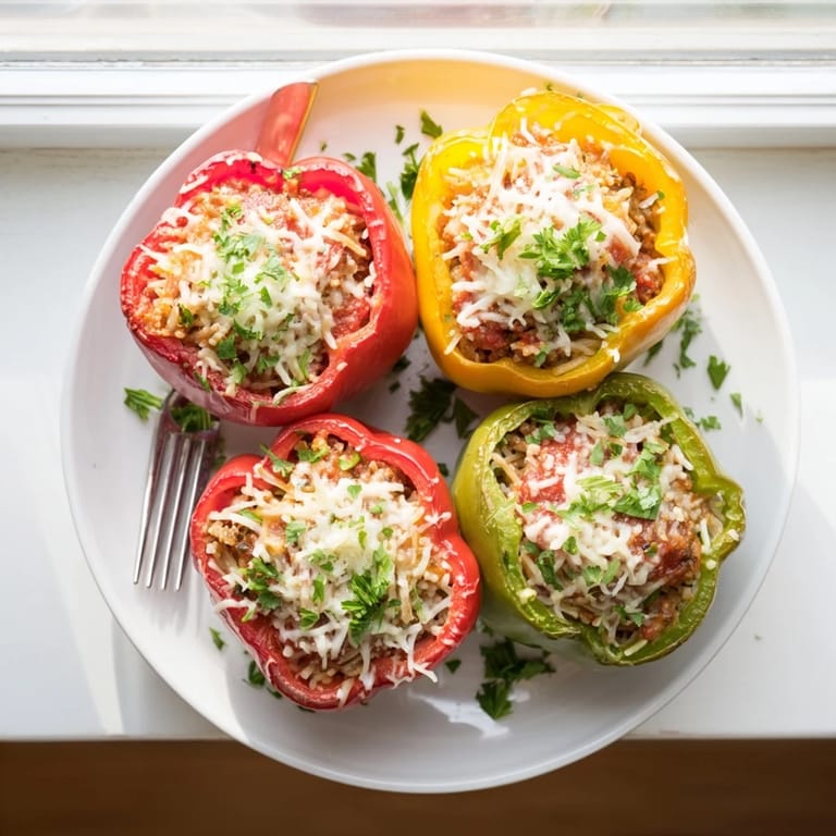 Freshly prepared Stuffed Bell Peppers stuffed with a hearty mix of rice, beef, and cheese, resting in a ceramic dish.