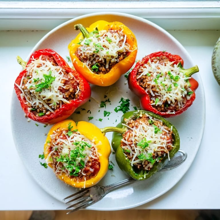 Colorful roasted Stuffed Bell Peppers, brimming with seasoned rice and ground meat, served bubbling hot from the oven.