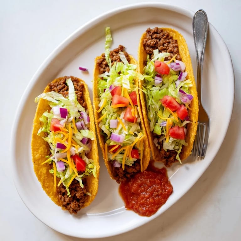 Warm American-Style Tacos on a plate, loaded with flavorful beef, diced tomatoes, shredded cheese, and zesty salsa for game day.