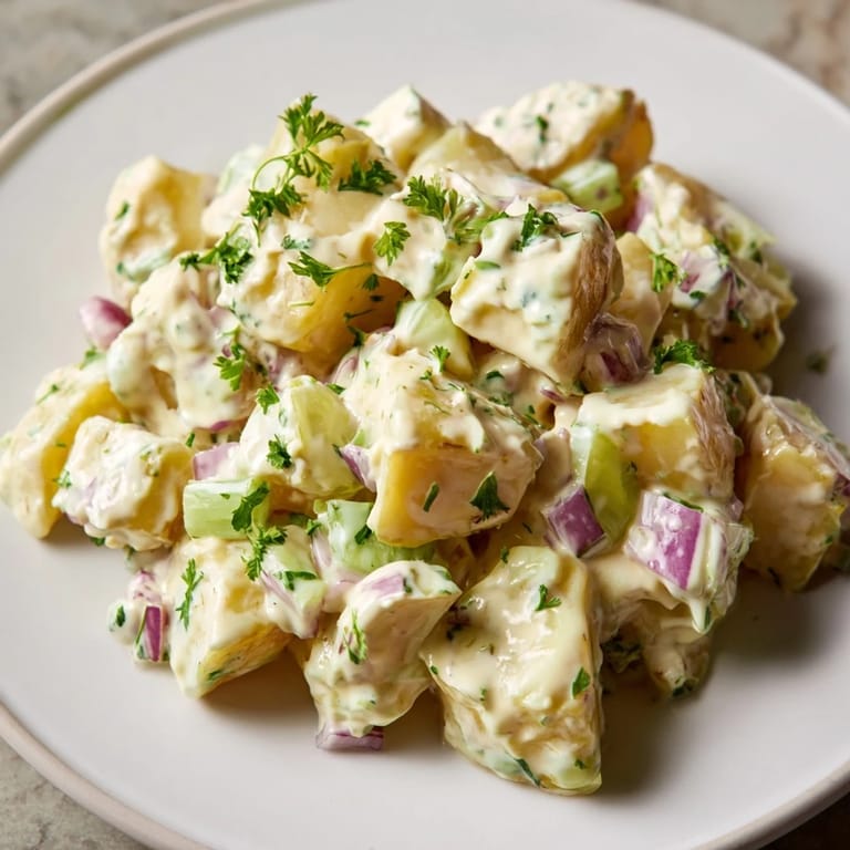 Homemade American Potato Salad with Yukon Gold potatoes, mayo dressing, and red onion, ideal for picnics.