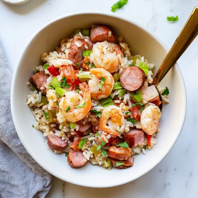 Close-up of Jambalaya featuring plump shrimp, bell peppers, and spices in a cast-iron pot.